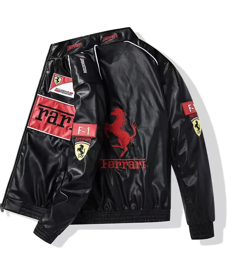 Giacca calda Ferrari F1 da uomo, look retrò motociclistico.