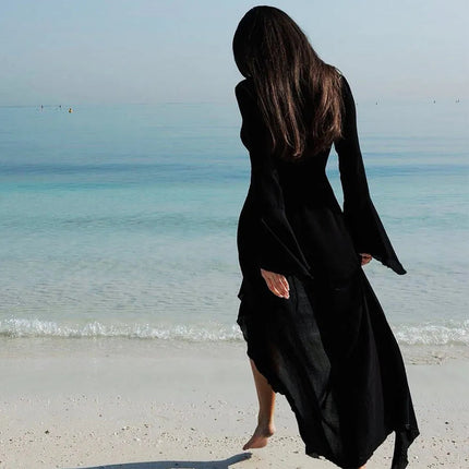 Abito da Spiaggia Estivo con Scollo a V, Maniche Lunghe e Volant, Copricostume Ampio per Donna platinumshop