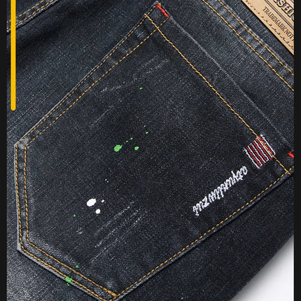 Fashion New Slim Stretch Ripped Jeans Men's Streetwear Paint Spots Denim Pants Hip Hop Punk Personality Hole Male Trousers PlatiNum