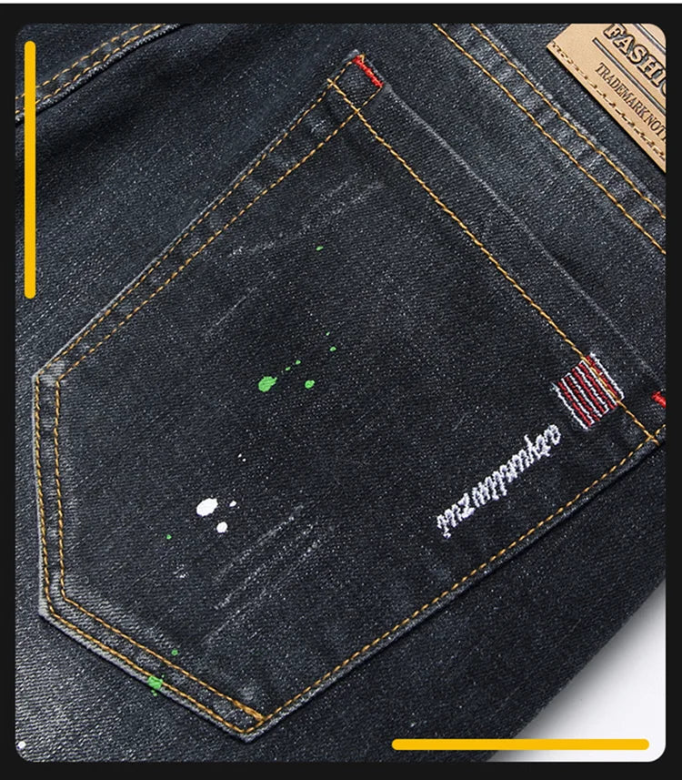 Fashion New Slim Stretch Ripped Jeans Men's Streetwear Paint Spots Denim Pants Hip Hop Punk Personality Hole Male Trousers PlatiNum