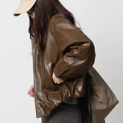 Soft Sheepskin Genuine Leather Cropped Jacket Women Lapel Zip Up Snap Button Side Pockets Casual Autumn Real Leather Outerwear