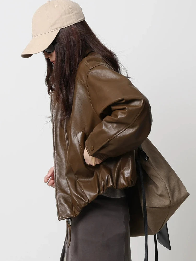 Soft Sheepskin Genuine Leather Cropped Jacket Women Lapel Zip Up Snap Button Side Pockets Casual Autumn Real Leather Outerwear