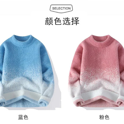 Imitation Mink Sweater for Men's Gradient Knitted Sweater for Couples Round Neck Thickened Warm Casual Pullover