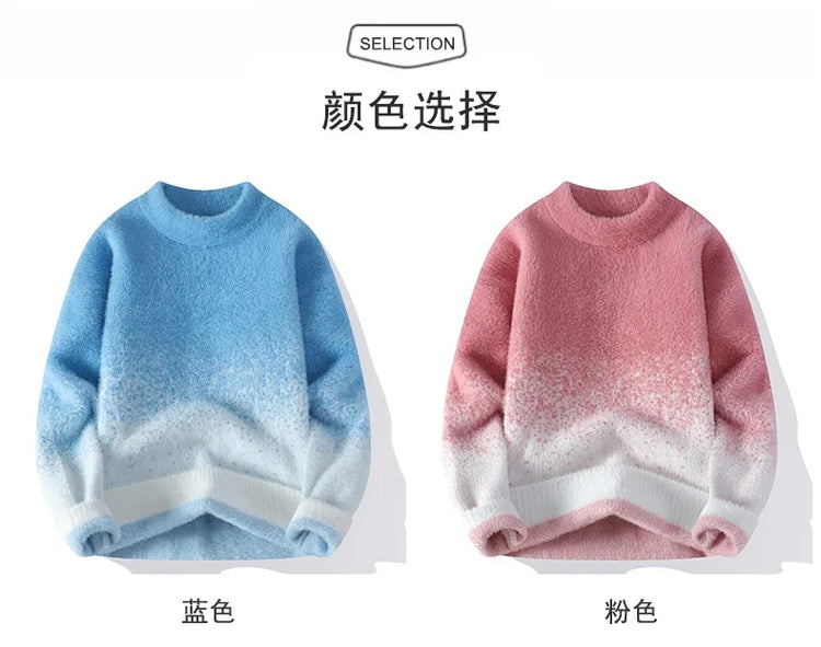 Imitation Mink Sweater for Men's Gradient Knitted Sweater for Couples Round Neck Thickened Warm Casual Pullover