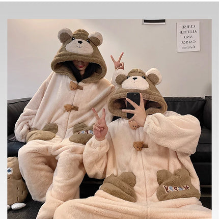 DAIMELU bear cartoon sleepwear long sleeved pajamas men winter thickened warm coral fleece flannel one-piece male loungewear set