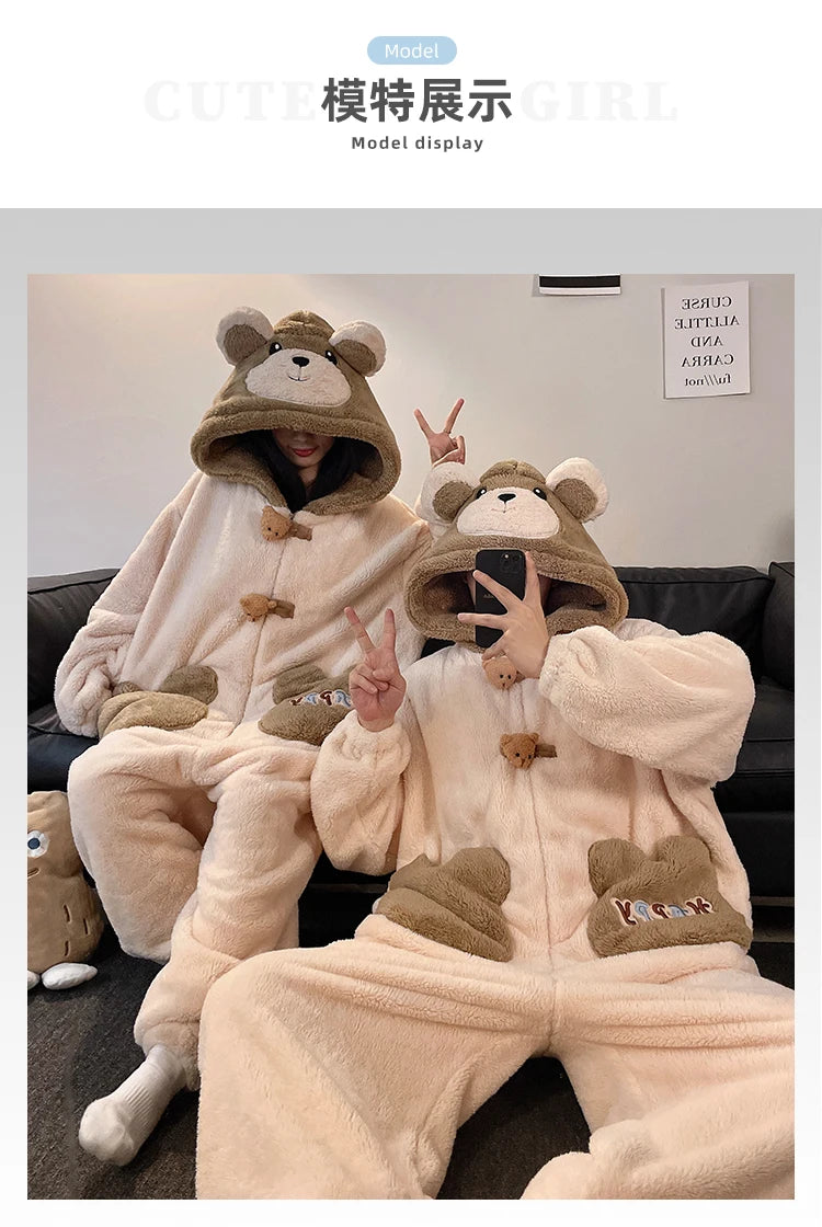 DAIMELU bear cartoon sleepwear long sleeved pajamas men winter thickened warm coral fleece flannel one-piece male loungewear set