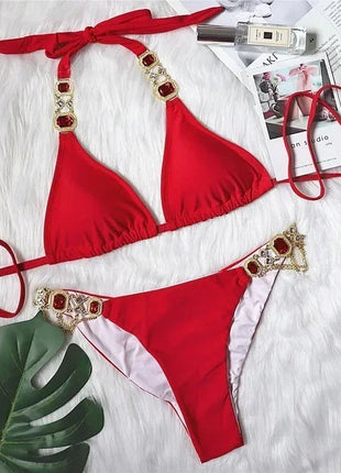 Catene di metallo con scollo all'americana Strass Diamante Bikini Costume da bagno donna Costumi da bagno femminili Due pezzi Bikini set Costume da bagno brasiliano Swim platinumshop