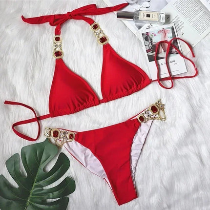 Catene di metallo con scollo all'americana Strass Diamante Bikini Costume da bagno donna Costumi da bagno femminili Due pezzi Bikini set Costume da bagno brasiliano Swim platinumshop
