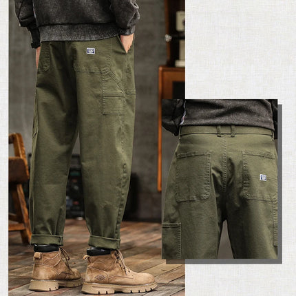 HIQOR Mens Clothing Spring Autumn Cargo Pants Man Cotton Casual Loose Trouser Belt Mid Waist Joggers Male Straight Baggy Pants