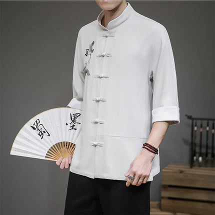 Camicie con ricamo gru Abbigliamento tradizionale cinese vintage Mezza manica da uomo in lino Solido colletto Madarin Cardigan Hanfu Kungfu