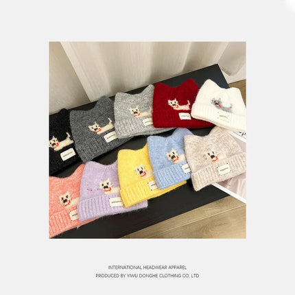 Cute Cartoon Kitten Ear Woolen Cap for Women Warm Cold-proof Autumn Winter Puppy Pattern Knitted Hat Fashion Sweet Crochet hats