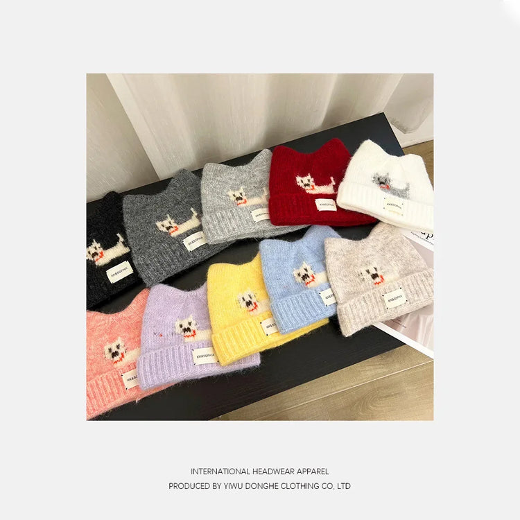 Cute Cartoon Kitten Ear Woolen Cap for Women Warm Cold-proof Autumn Winter Puppy Pattern Knitted Hat Fashion Sweet Crochet hats