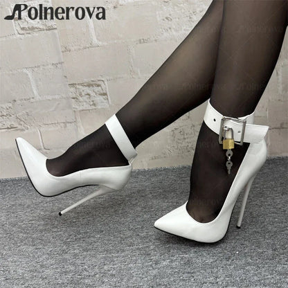 16cm Lock Pumps Sexy Pointed Stilettos Ankle Buckle Patent Leather High Heels Designer Metallic Lock Belt Buckle Lacquered Heels - PlatiNum