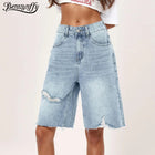 Benuynffy Bf Style Raw Hem Denim Shorts Women's Streetwear High Waist Hip Hop Loose Ripped Straight Wide Leg Half Shorts Jeans PlatiNum