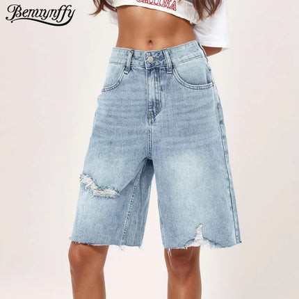 Benuynffy Bf Style Raw Hem Denim Shorts Women's Streetwear High Waist Hip Hop Loose Ripped Straight Wide Leg Half Shorts Jeans PlatiNum