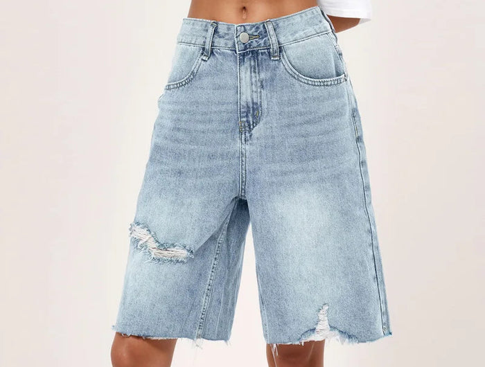 Benuynffy Bf Style Raw Hem Denim Shorts Women's Streetwear High Waist Hip Hop Loose Ripped Straight Wide Leg Half Shorts Jeans PlatiNum