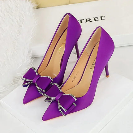 BIGTREE New Fashion Women Dress Shoes 10cm tacchi alti Shallow Toe Crystal Butterfly Knots Lady Red Silk Shoes taglia 34-40