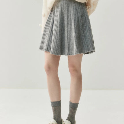 Chic Women's Pleated Skirt 100% Merino Wool Sweater  Knit Short Skirt Mini Skirts Autumn Winter Umbrella Wave Skirt Sweet Dress PlatiNum