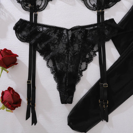 Toucheart Erotic Lingerie New Flower Embroidery Splicing See-through Mesh Hollow Body Shaping Women Sexy Underwear Split Hot Set