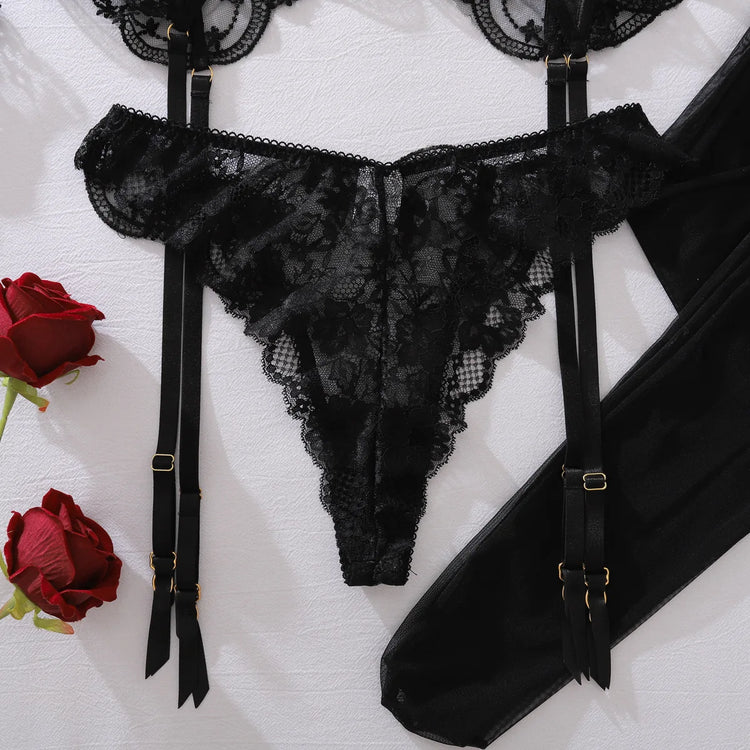 Toucheart Erotic Lingerie New Flower Embroidery Splicing See-through Mesh Hollow Body Shaping Women Sexy Underwear Split Hot Set