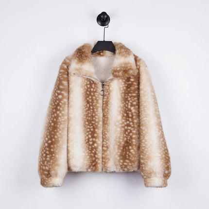 ZADORIN Luxury Mink Coat Deer Pattern Furry Faux Fur Coat Woman Stand Collar Zipper Faux Fur Jackets Winter Coats For Woman Tops
