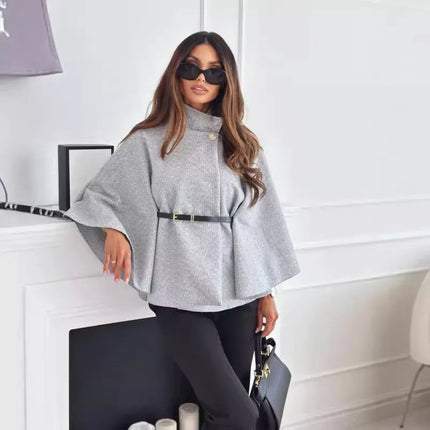Women's Thick Turtleneck Batwing Sleeve Cape Coat with Single Button Elegant Three Quarter Length Top for Woman and Ponchos