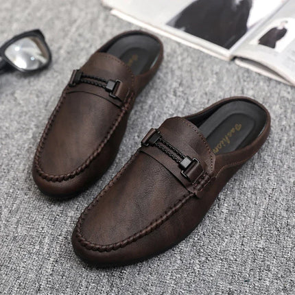 Mezze pantofole da uomo in pelle estiva Scarpe casual da uomo traspiranti Scarpe da guida pigre slip-on Comode mocassini da passeggio Mocassini