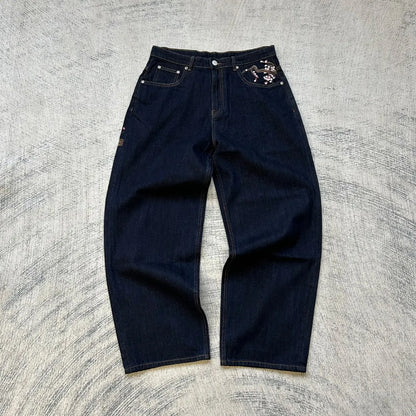 Abito casual retrò vita bassa hip hop fiori di ciliegio jeans ricamati pantaloni a gamba larga y2k abbigliamento jeans larghi ricamati da uomo