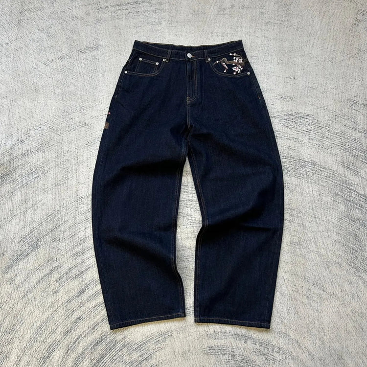Casual suit retro low waist hip hop cherry blossom embroidered jeans wide leg pants y2k clothing mens embroidered loose jeans PlatiNum
