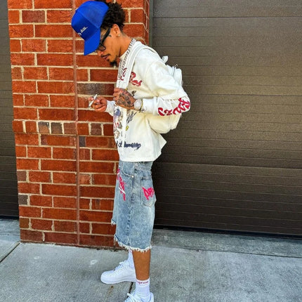 Y2K Graffiti Jorts Pantaloncini di jeans stampati effetto consumato con strass Uomo Donna Tendenza Retro Hip Hop Streetwear Pantaloni corti larghi unisex
