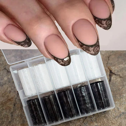 10 Rolls 4x50CM Black White Lace Transfer Nail Sticker Sexy Flower Lace Nail Art Transfer Foils Paper for DIY Manicure Decals*@# 2028