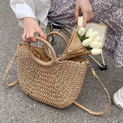 Borse in paglia intrecciata per donna Borsa da viaggio fatta a mano al mare Borsa da spiaggia estiva Nuova borsa a secchiello con manico Shopping Tote Bag Basket Bolsa