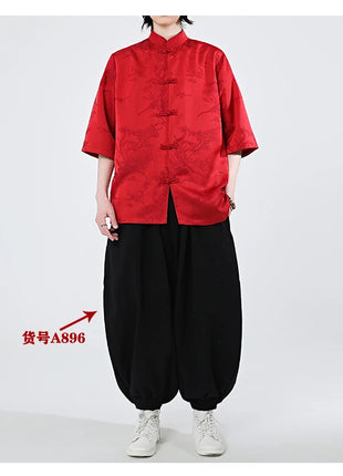 Camicie cinesi Camicia retrò in seta di ghiaccio con motivo floreale scuro Tradizionale Kung Fu Tai Chi Casual Loose Fit Top da uomo traspirante estivo