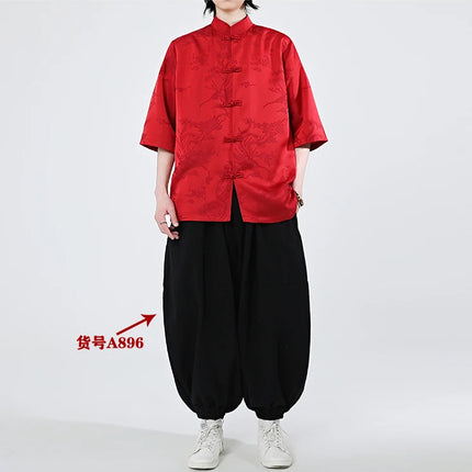 Camicie cinesi Camicia retrò in seta di ghiaccio con motivo floreale scuro Tradizionale Kung Fu Tai Chi Casual Loose Fit Top da uomo traspirante estivo