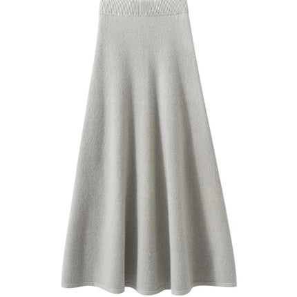 Chic Women Sweater Suite Skirt 100% Cashmere A-Line Skirt Autumn Winter Wave Skirt Elastic Knee Length Dress Sequins French Knit PlatiNum