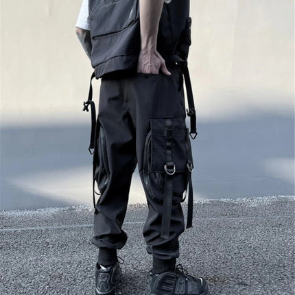 Hip Hop Tactical Cargo Pants Men Multi Pocket Ribbon Design Joggers Trousers 2023 Spring Functional Elastic Waist Pant Black