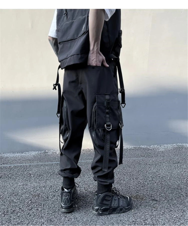 Hip Hop Tactical Cargo Pants Men Multi Pocket Ribbon Design Joggers Trousers 2023 Spring Functional Elastic Waist Pant Black