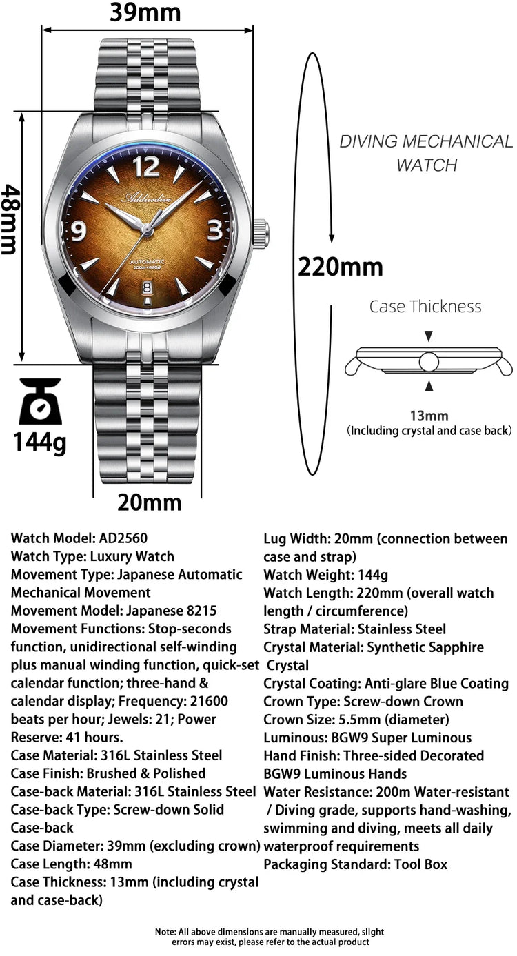 ADDIESDIVE Men's Automatic Mechanical Diving Watch 200M Waterproof Sapphire Crystal 316L Stainless Steel Japan 8215 Movement