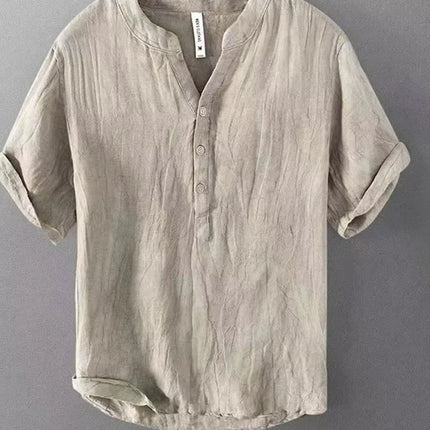 Men's High-End Loose Spring and Summer Chinese Style Short-Sleeved Cotton Linen Casual Breathable Shirt Collar T-shirt
