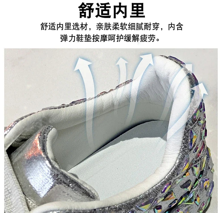 2025 Autumn Leather Women Shoes New Style Fashion Platform Shoes Ins Platforms Sneakers Tide Shine Bling Rhinestone Shoes