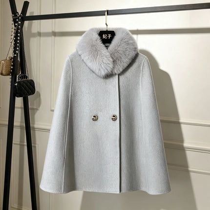 Korean Elegant Fashion Celebrity Woolen Cape Coats Women's Autumn Winter Plush Collar Double-breasted Versatile Wool Jacket Coat