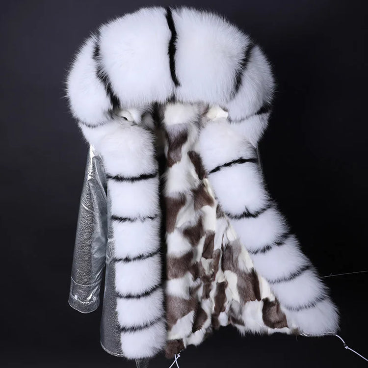 Winter Long Jacket Real Fur Coat Women Clothes Large Silver Fox Fur Collar Detachable Natural Fox Lining Parkas Leather Fur