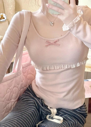 Autunno Inverno Nuovo Dolce Camicetta Rosa Donna Arco Girocollo Manica Lunga Sotto Il Strato Base Magliette e camicette Giapponese Kawaii Vestiti Sottili 2025
