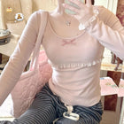 Autunno Inverno Nuovo Dolce Camicetta Rosa Donna Arco Girocollo Manica Lunga Sotto Il Strato Base Magliette e camicette Giapponese Kawaii Vestiti Sottili 2025