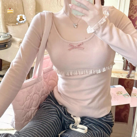 Autunno Inverno Nuovo Dolce Camicetta Rosa Donna Arco Girocollo Manica Lunga Sotto Il Strato Base Magliette e camicette Giapponese Kawaii Vestiti Sottili 2025