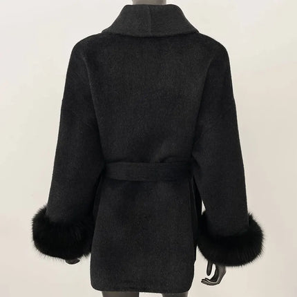 Elegant OL Office Lady Overcoats Fur Patchwork Long Sleeve Woolen Coat Beautiful Women's Clothing Jacket Autumn 2025 Spring
