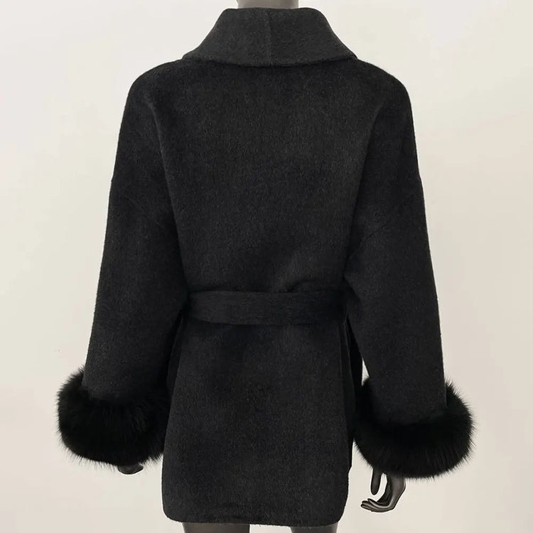 Elegant OL Office Lady Overcoats Fur Patchwork Long Sleeve Woolen Coat Beautiful Women's Clothing Jacket Autumn 2025 Spring