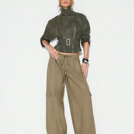 Belt Zipper Top with Waist Cinching American and European Style Streetwear Notched Lapel Thick No Hood Women Autumn Jacket