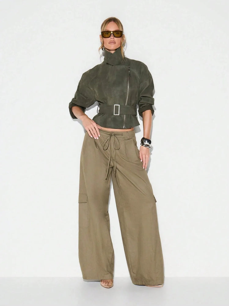 Belt Zipper Top with Waist Cinching American and European Style Streetwear Notched Lapel Thick No Hood Women Autumn Jacket