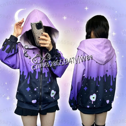 26 Women Winter Halloween Harajuku Japanese Gothic Hip Hop Yami Kawaii Y2k Skull Print Girls Women Zip Hoodies Women Sweatshirt